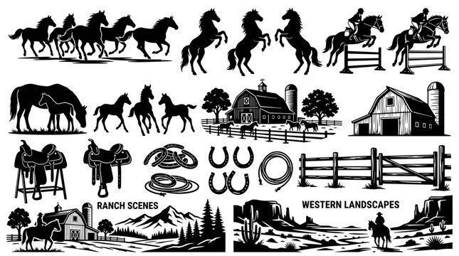 Western ranch scenes collection. Horses, cowboys, barns, fences vector silhouettes. Lasso, saddle, horseshoe icons. Country farming and rodeo background elements.