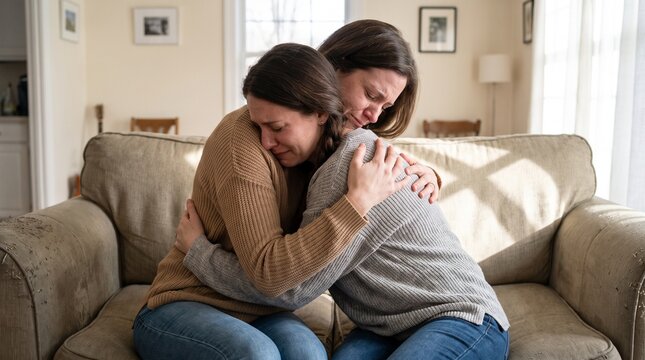 Two women hugging and crying on a sofa. One woman is comforting the other