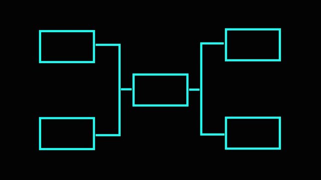 Simple Tournament Bracket Diagram with Cyan Neon Outline on Black Background for Competition Stages and Game Progression.