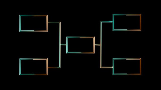 Tournament Bracket Structure with Neon Glow Borders and Black Background Representing Competition Stages and Progress.