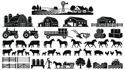 Farm silhouettes, rural life and nature icons set with tractors, barns and animals, vintage agriculture vector illustration, design elements and landscape backgrounds © Graphic Boss