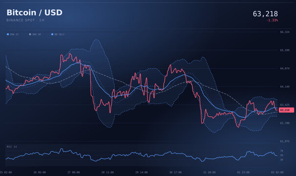Digital cryptocurrency trading chart with price movement and rsi technical indicator on screen.