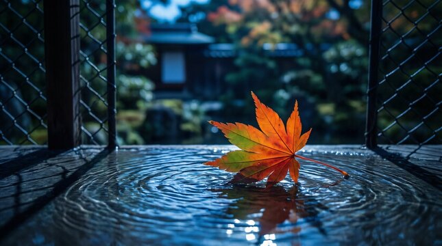 Single colorful autumn leaf floating on rippling dark water