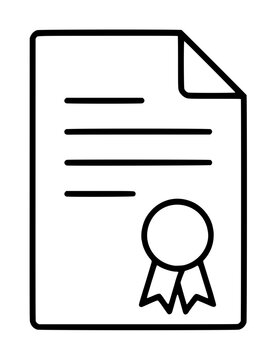 Hand-drawn vector icon of a warranty document featuring a certificate page with text lines and a decorative seal ribbon, perfect for legal, business, and consumer protection graphic design projects