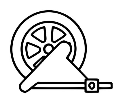 Hand traced vector icon illustration of an automotive wheel secured by a clamp tool on white background, monochrome line art design