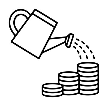 Hand traced vector icon of a watering can pouring water onto stacked coins, symbolizing financial growth, investment, savings, and money cultivation in a minimalist line art style