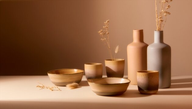 Ceramic bowls, cups, and vases arranged with dried botanicals in warm neutral tones, soft sunlight, and a minimalist studio setting, suited to decor, branding, and lifestyle designs.