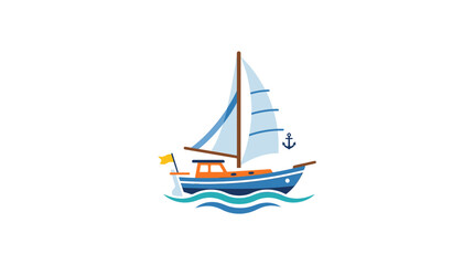 Fototapeta premium Modern Sailboat Yacht Vector Illustration on Blue Ocean Waves Isolated on White for Nautical Design