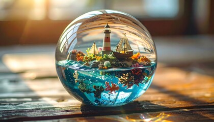 A miniature world inside a glass sphere featuring a lighthouse and sailing ship on a wooden surface © Kri