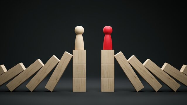 Two pawns on blocks with falling dominoes symbolizing conflict and challenge.