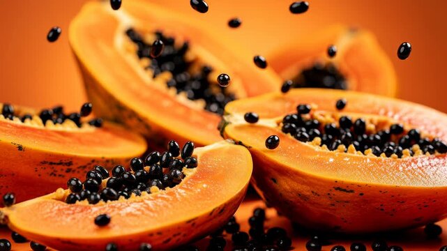Fresh ripe papaya fruit halves with black seeds falling on vibrant orange background close up