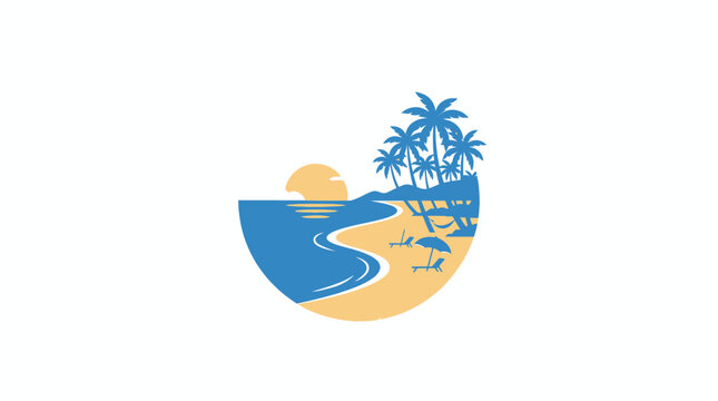 Minimalist Tropical Summer Beach Logo with Palm Trees, Sunset, Ocean Waves, and Resort Elements