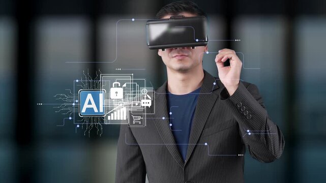 Young man wearing virtual reality headset with futuristic overlay of technology icons representing artificial intelligence and digital security concepts Gluon.