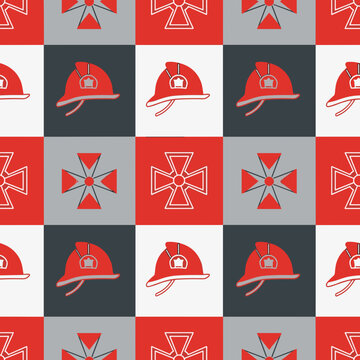 Red and grey checkered pattern with firefighter icons