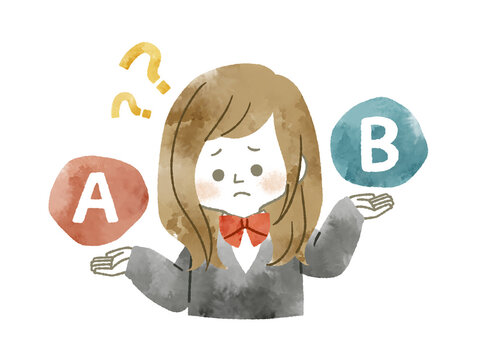 比較をしている困った表情の女子学生-水彩