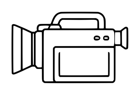 Hand traced vector line illustration of a classic shoulder mount video camcorder with lens hood, top handle, and side viewfinder screen, perfect for media and broadcasting designs