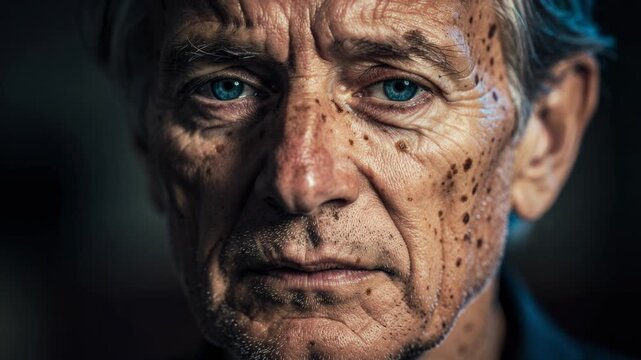 Close up portrait of an elderly man with blue eyes and weathered skin showing age and character