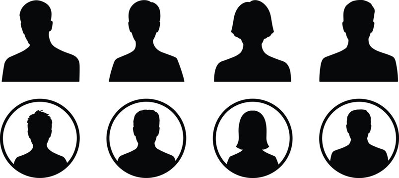 Collection of eight black silhouette profile representing diverse male and female avatars, some within circles, on a white