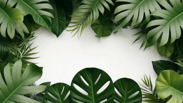 Mockup for natural organic product presentation ad concept. Stylish minimalist video. Empty template Bali style white wall background for text. Green exotic foliage on white wall with copy space.