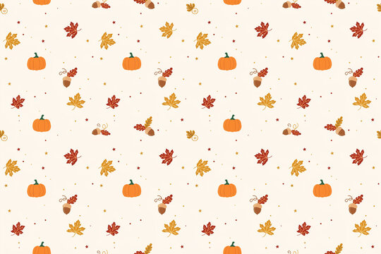 A decorative autumnal fall seamless pattern featuring scattered cute cartoon style orange pumpkins vibrant red and yellow leaves and natural brown acorns with small dots and stars