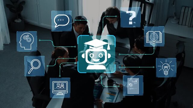 Team Discussion on Artificial Intelligence and Learning Technology with Robot Icon and Graphical Elements Representing Innovation and Education Strategies. Entropy.