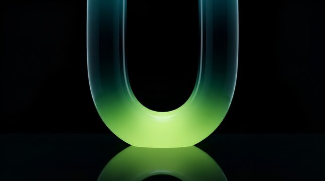 A glowing neon letter u with a smooth green to blue gradient color transition standing on a reflective surface against a dark black background