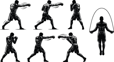 Athletic boxer training session elements collection showing punch poses skipping rope fitness workout routines and fighter movements © Afroja