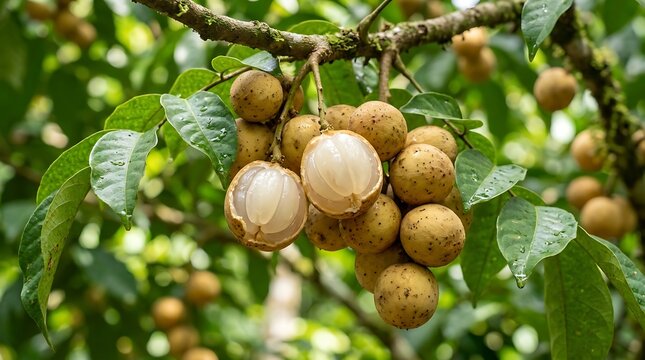 Ripe duku fruits hanging from the branches are ready to be harvested