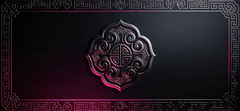 Intricate Silver Metal Emblem Dark Subtle Pink Neon Glow Geometric Border Elegant