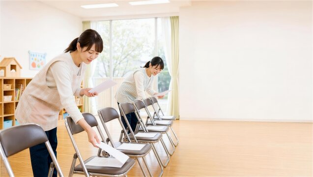 保育士が保護者会の会場を準備する