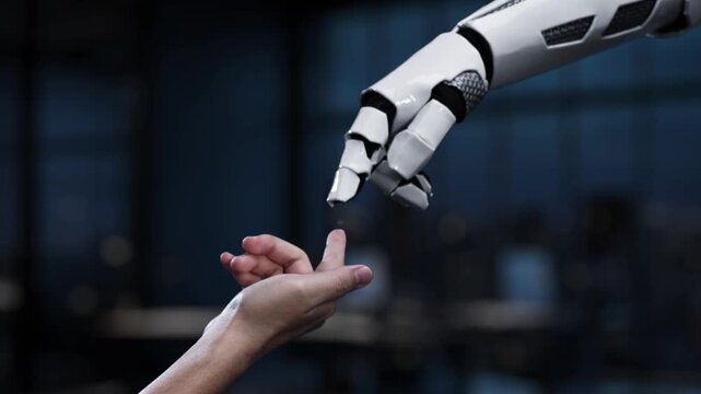 A robotic hand reaches toward a human hand, illustrating the connection between technology and consumer interaction in a modern business environment with digital networks. Synapse