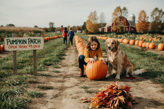 Autumn pumpkin patch illustration with young girl and golden retriever dog. Rustic farm landscape with red barn, fall foliage, and orange pumpkins.