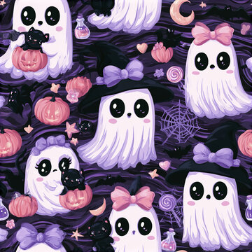 Kawaii pastel goth Halloween ghost pattern with cute bats, pumpkins, and witch hats in purple and pink tones
