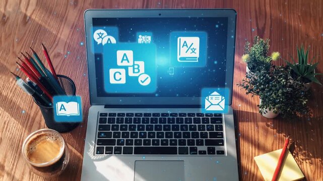 Translation icons show international languages, interpretation, and communication. Translation helps global business, translation supports learning, and translation improves cultural exchange. Gist