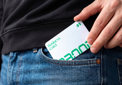Close-Up Shot of Modern Business Card Mockup Held in Man Pocket