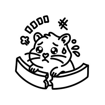 Cute sad cartoon hamster sitting inside a broken exercise wheel with a worried expression.