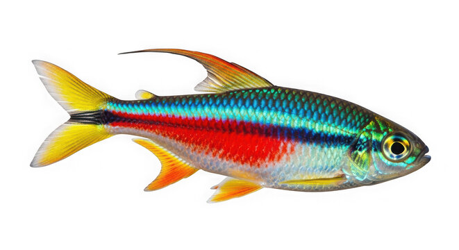 Cardinal tetra fish isolated on transparent background for aquarium design.