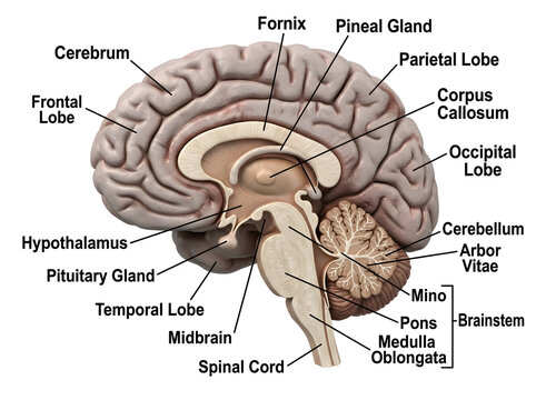 Human brain sagittal section with labeled parts isolated on white background
