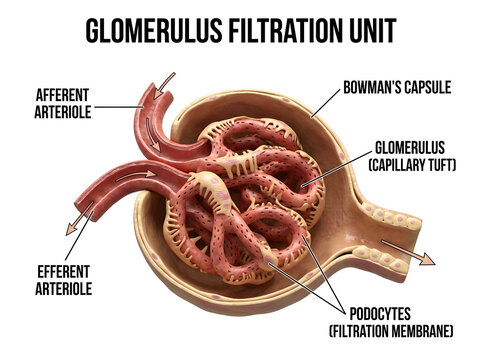 Human glomerulus filtration unit with labeled parts isolated on white background