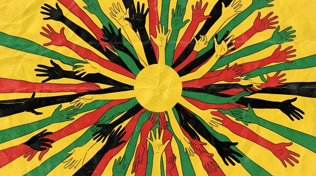 A sunburst pattern of many colorful paper cutout hands on a yellow crumpled paper background, symbolizing global unity and human diversity