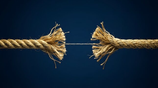 A thick brown fiber rope fraying and about to snap apart against a dark blue background, representing tension and, potential failure point
