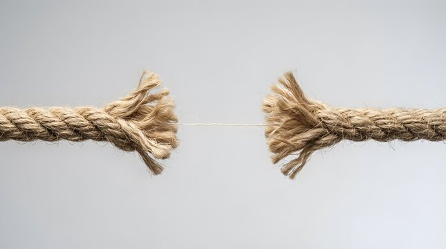A thick brown fiber rope fraying and about to break in the middle against a plain neutral gray background, representing tension and weakness
