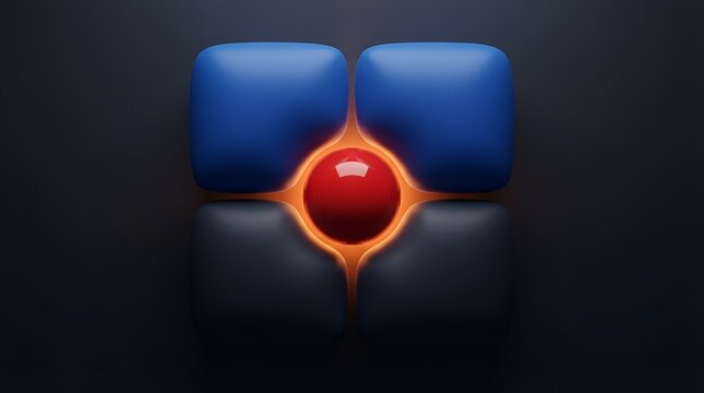 Abstract 3d composition with four rounded square blocks in blue and dark gray surrounding a glowing red sphere in the center on dark background