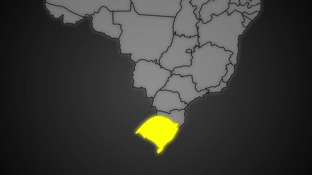Rio Grande do Sul State Highlighted in Yellow on Brazil Map Dark Background Animation
