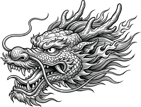 Chinese dragon head detailed vector sketch illustration featuring traditional mythical creature face for tattoo design engraving