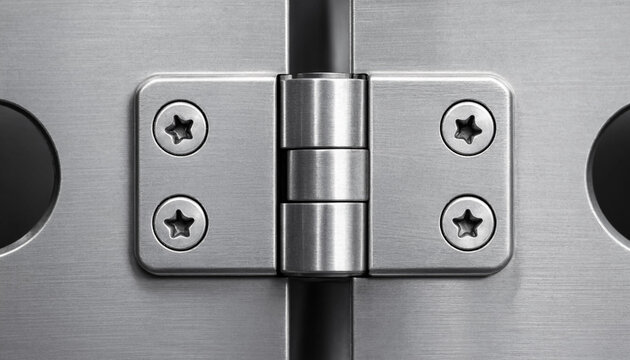 Close-up of a brushed stainless steel door hinge with four screws attached to a metal panel, industrial hardware detail on a metallic surface