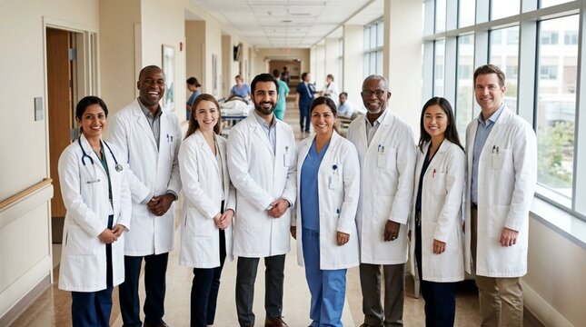 Diverse group of smiling healthcare professionals in white coats standing together in a bright modern hospital corridor, representing teamwork, multicultural medical staff, and inclusive patient care