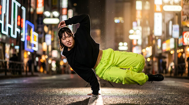 Female B-Boy Breakdance Performs Freeze on City Street at Night