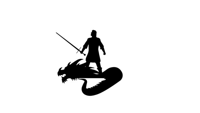 Siegfried slays the dragon, black isolated vector silhouette