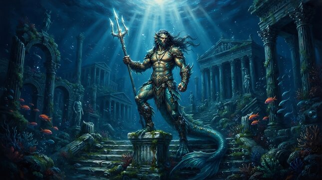 Merman warrior holding trident ruin
